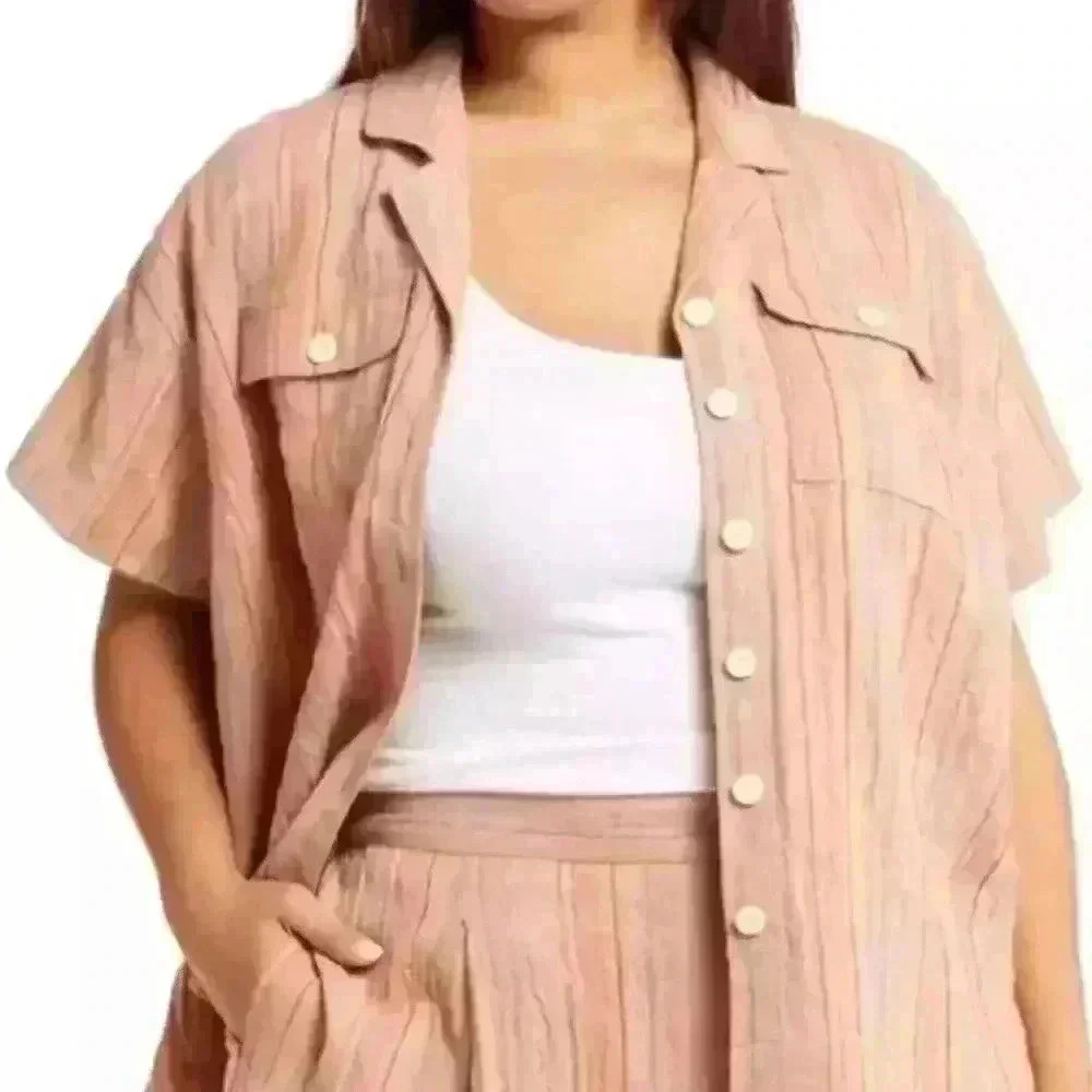 MADEWELL 1X Womens' Stripe Cotton Linen Button down Short Sleeve Shirt NWT